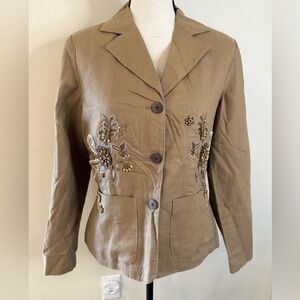 Coldwater Creek tan linen blend blazer with floral bead & embroidered design XS